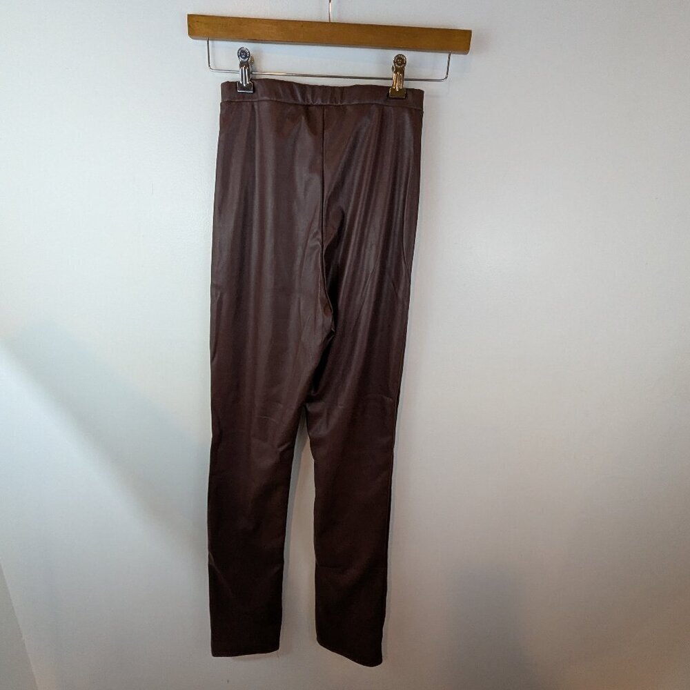 NWT Pretty Little Thing Chocolate Faux Leather Split Hem Trousers, Sz 4
